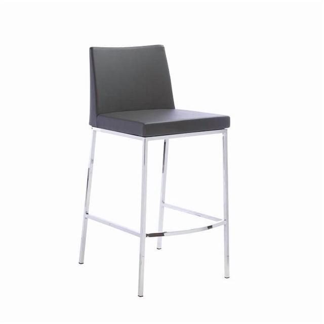 Modern Black PU Stool with brushed stainless steel frame, 26-inch counter height, featuring a black soft PU cushioned seat and backrest, designed for kitchen island counters and dining seating, also suitable as a compact workspace stool.
