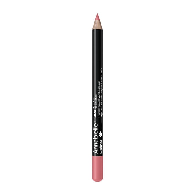 Annabelle Lip Liner, 305 Coral Nude, shown upright with a sharpened tip and black barrel featuring white text branding. The lip liner has a smooth coral nude color at the base and tip, providing precise lip definition with a soft, hypoallergenic texture for a natural finish and long-lasting wear. It is also suitable for defining lip contours before applying lipstick.