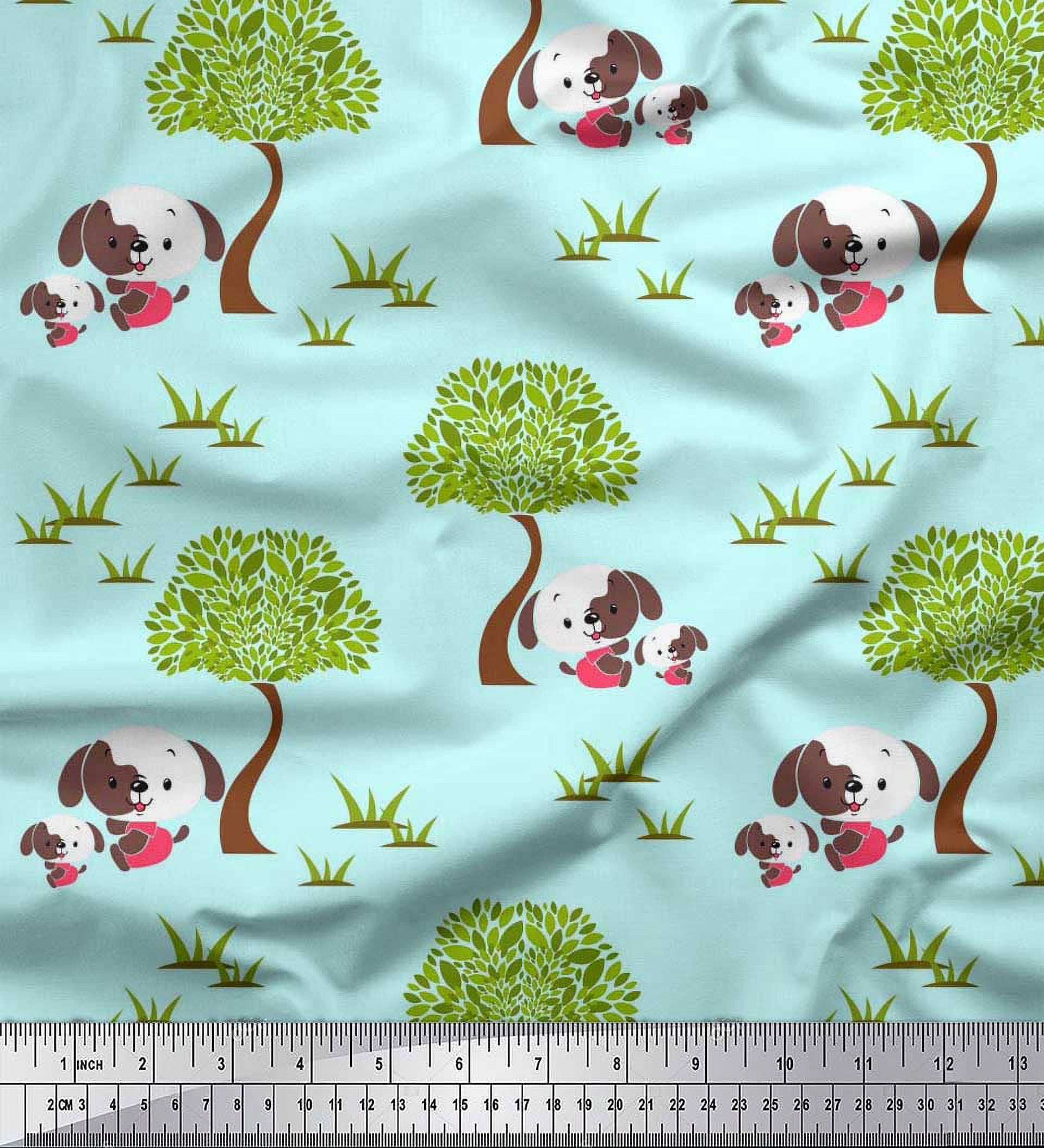 Soimoi Satin Silk Fabric Tree & Dog Kids Print Fabric by Yard 42 Inch Wide
