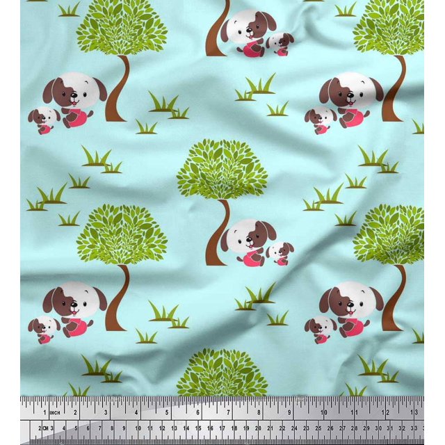 Soimoi Rayon Fabric Tree & Dog Kids Print Fabric by The Yard 42 Inch Wide