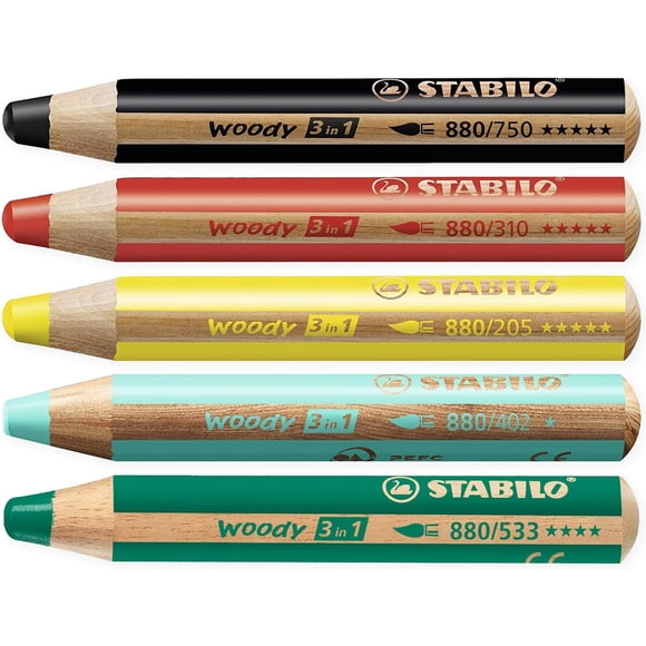 Crayon Multi-Talents - STABILO Boisé 3-en-1 - Boîte de 5 - Rouge, Jaune Vert Foncé, Bleu, Noir + Aiguiseur