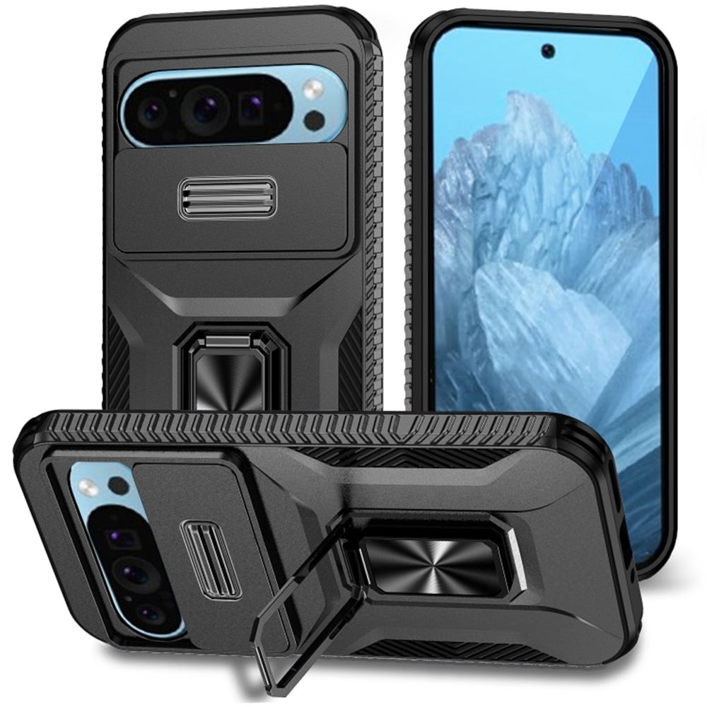 For Google Pixel 10 / 10 Pro Slim Fit Shockproof Hybrid with Slide Camera Cover & Rotated Ring Kickstand, [Military-Grade] Phone Case For Google Pixel 10 / 10 Pro 6.3",Black