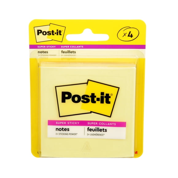 Feuillets super collants Post-it® 3321-4SSCY, jaune canari, 76 mm x 76 mm (3 po x 3 po), 4 blocs/paquet, 45 feuillets/bloc