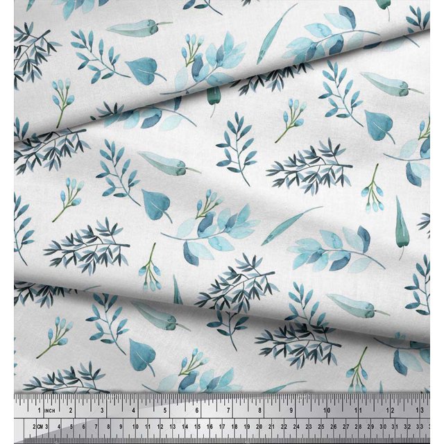 Soimoi White Modal Satin Fabric Flower Leaves Print Sewing Fabric BTY 42 Inch Wide
