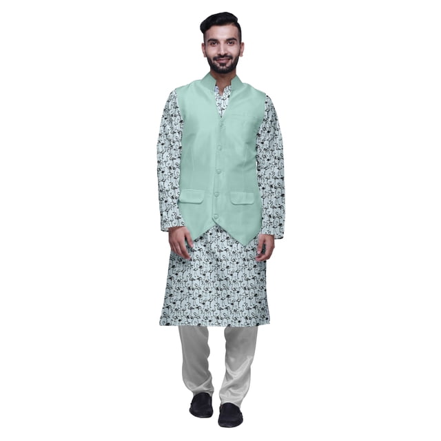 Atasi Traditional Printed Kurta Churidar Pajama Set With Nehru Jacket For Men