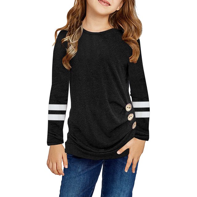 WEAIXIMIUNG Chemise à Phrase pour Enfants Petites Filles Tunique Col Rond Couleur Unie Manches Longues Rayée Confortable Décontractée avec Boutons Latéraux Blouse T-Shirt 4-5 Ans