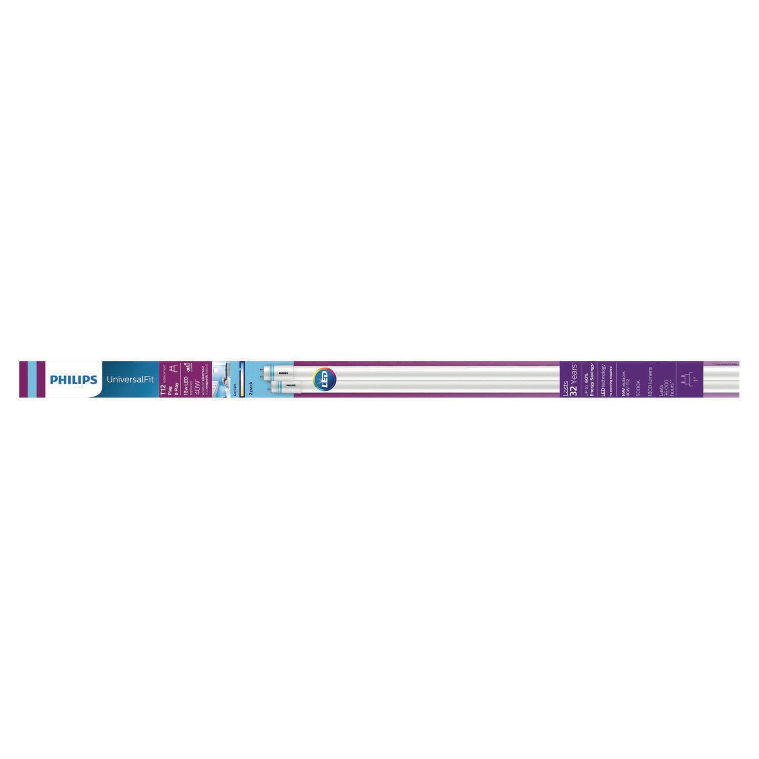 PHILIPS 16W InstantFit 48" Daylight LED Linear Tube (40W T12 replacement) 2-pack