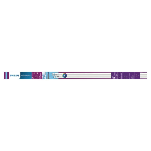 PHILIPS 16W InstantFit 48" Daylight LED Linear Tube 2-pack containing two white LED tubes with bi-pin ends in blue and purple packaging, designed to replace 40W T12 fluorescent bulbs, offering bright 5000K daylight light with instant start and energy efficiency suitable for kitchens, garages, and workshops.