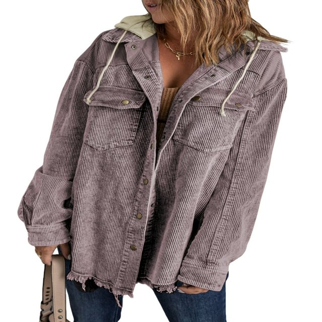 Womens Corduroy Shacket Jacket Long Sleeve Button Down Color Block Hooded Coat with Pockets