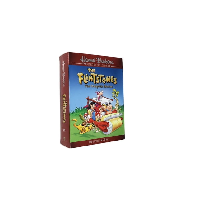 Les Pierres à Pierres : la Série Complète (DVD) Coffret Présentant des Oeuvres Colorées des Personnages de Dessin Animé Emblématiques Chevauchant Leur Voiture de l'Âge de Pierre. l'Emballage Met en Valeur 166 Épisodes sur 20 Disques, Fait Partie de la Collection de Diamants Hanna-Barbera, Idéal pour les fans de la Série Animée Classique.