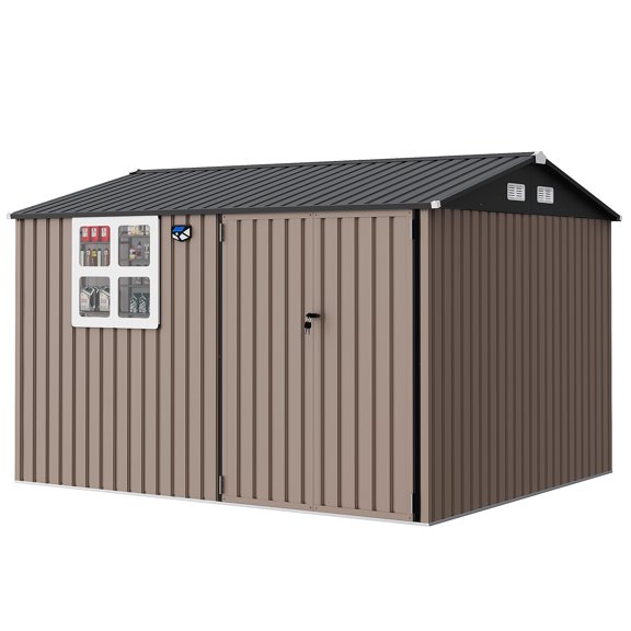Ourlova Spacious 8x10 FT Metal Outdoor Storage Outdoor Storage Unit - Clear Window Solar Light Lockable Brown