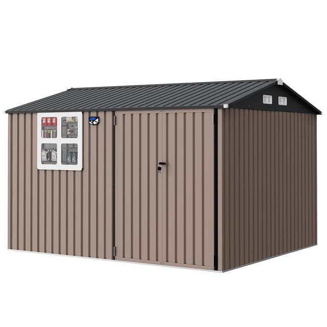 Ourlova Spacious 8x10 FT Metal Outdoor Storage Outdoor Storage Unit - Clear Window Solar Light Lockable Brown