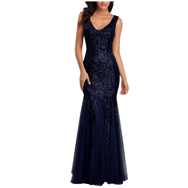 Pompotops Women's Sequins Slim Fit Fishtail Dress Evening Dress Dress