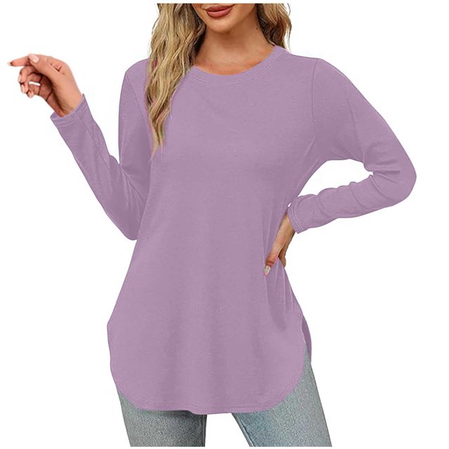 Pisexur Hauts pour Femmes Décontractés Col Rond T-Shirts Couleur Unie Été Classique Manches Longues Tuniques Tendance Blouses Automne