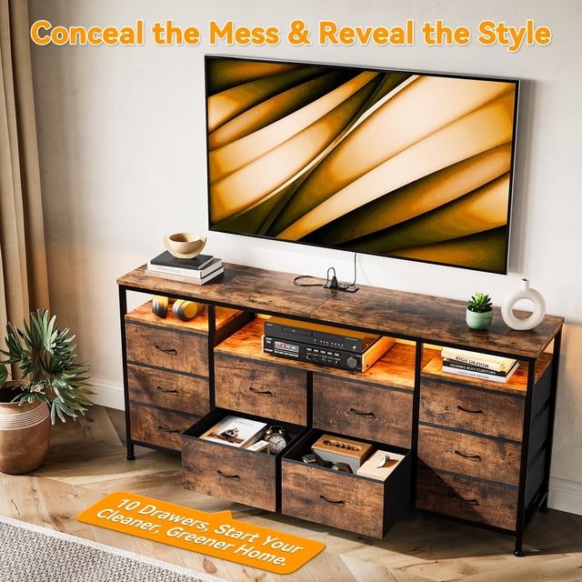 BeesClover Meuble Télé de 63 Pouces de Long avec 10 Tiroirs en Tissu, Prise de Courant de Sécurité et Lumières DEL, Unité de Rangement Robuste pour Télé de 75 Pouces, Commode Moderne pour Chambre, Salon