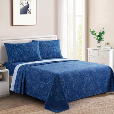 Marina Decoration Printed 600 Thread Count Soft Deep Pocket Hotel Standard Long Staple Cotton Blend Percale All Season Bedding Sheet Set, Navy Blue Paisley Pattern