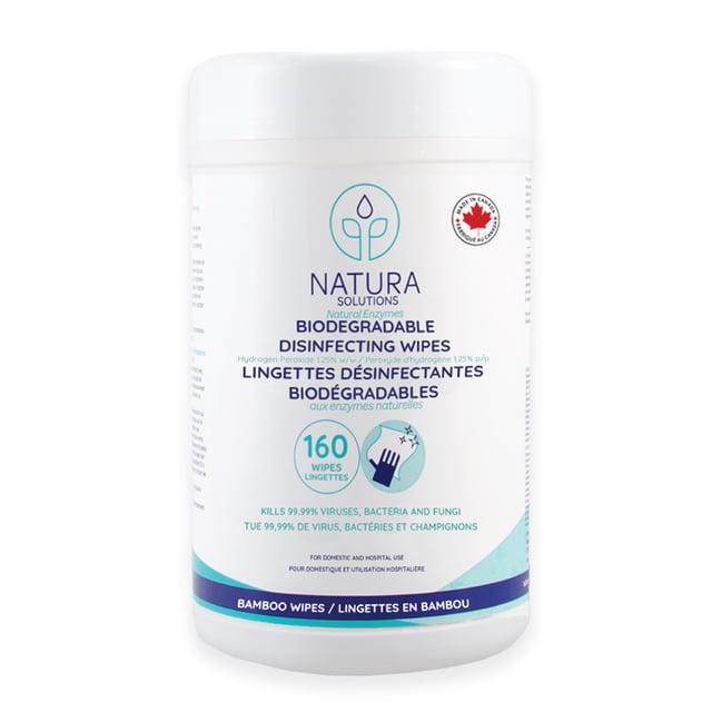 Natura Solutions Biodegradable Disinfecting Wipes container with 160 white bamboo wipes, made in Canada, containing natural enzymes, eucalyptus essential oil, and hydrogen peroxide for 99.9% germ-free multi-surface cleaning with eco-friendly, strong plant fiber wipes.