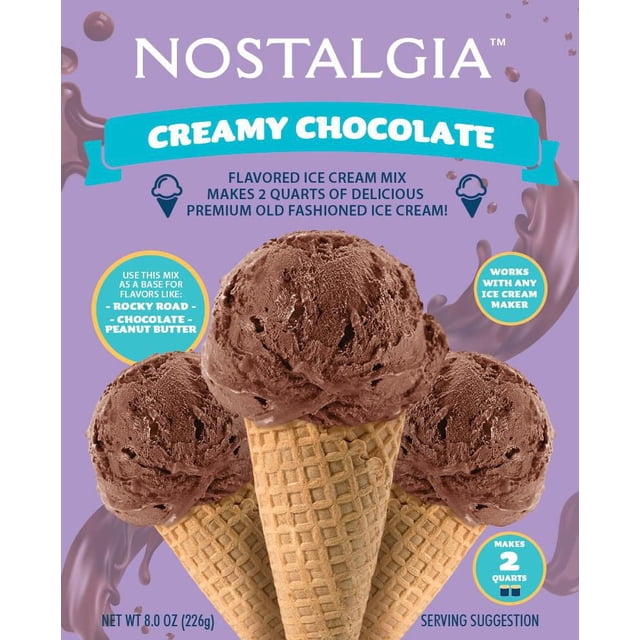 Nostalgia 2-Quart Premium Ice Cream Mix Pouch in chocolate flavor showing three scoops of creamy chocolate ice cream in waffle cones on a purple background, emphasizing it makes 2 quarts of rich homemade ice cream compatible with any ice cream maker and ideal for flavors like rocky road and peanut butter.