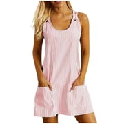 biudgviw Women's Tank Dress Sleeveless Scoop Neck Button Strap Striped Mini Tunic Dress Summer Casual Short Dress