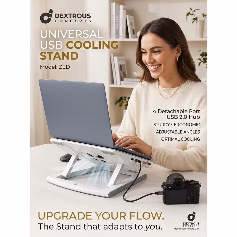 thumbnail image 3 of Universal Laptop & Tablet Cooling Stand – Ergonomic Height Adjustable Riser with 4-Port Detachable USB Hub & Ultra-Silent 2400RPM Fan – Compatible with 13-15" Devices (White), 3 of 3