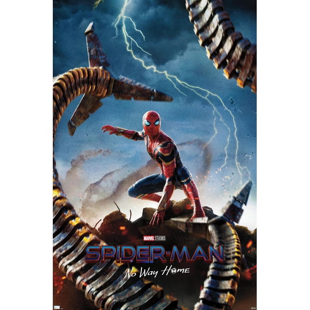 Marvel Spider-Man: No Way Home - Teaser Wall Poster depicting Spider-Man in his red and blue suit crouching on rubble, surrounded by rusted mechanical tentacles and lightning in a stormy sky, measuring 22.375 by 34 inches, suitable for wall art in bedrooms or offices.