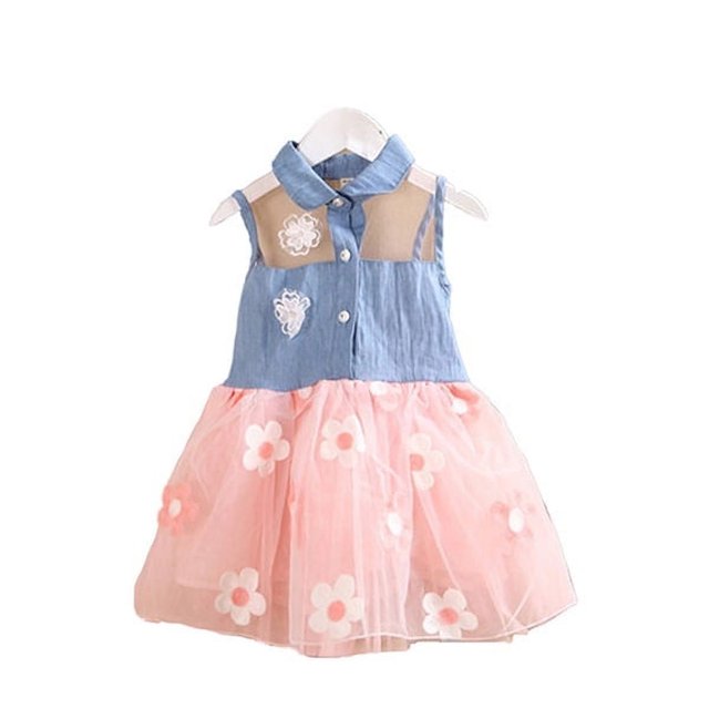 Été Enfants Bébé Fille Tenues Denim Sans Manches Tutu Robe Bambin Filles Partie Fleur Tulle Taille Robes 2-8 Ans