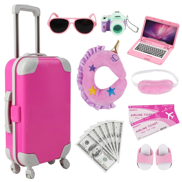 Doll Travel Kit Realistic Decorative Cute Doll Suitcase Set Doll Accessories Set featuring a pink plastic suitcase with grey accents, a pair of pink doll sandals, a pink doll headband, off-shoulder doll clothes, doll trousers, a miniature green camera, pink sunglasses, a pink doll computer, a purple unicorn-themed neck pillow, a pink eye mask, and pretend airline tickets and cash. Suitable for 18-inch dolls. Doll not included.