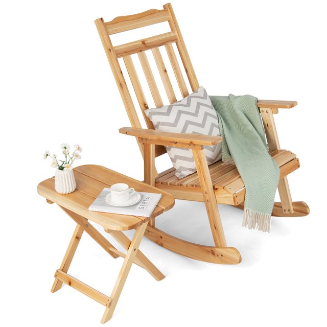 Costway 2PCS Patio Wooden Rocking Chair Bistro Set High Backrest W/Folding Side Table