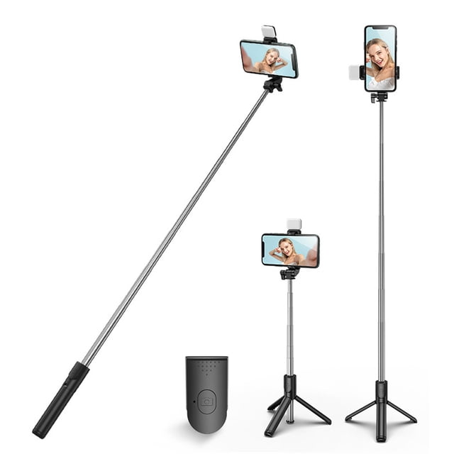 Le Trépied Lighted Selfie Stick de Biinggo, Doté d'Une Télécommande Bluetooth Amovible et d'Un Trépied Intégré. le Selfie Stick s'Étend de 7,6 Pouces à 40 Pouces et Comprend une Lumière de Remplissage LED avec Trois modes Réglables et des Niveaux de Luminosité. le Support de Téléphone Offre un Réglage du Cou à 270° et une rotation à 360° pour des angles Horizontaux Ou Verticaux. Compatible avec iPhone et Appareils Android, le design Léger et portable Est Idéal pour les photos, les Vidéos et la Création de Contenu sur les Médias Soci