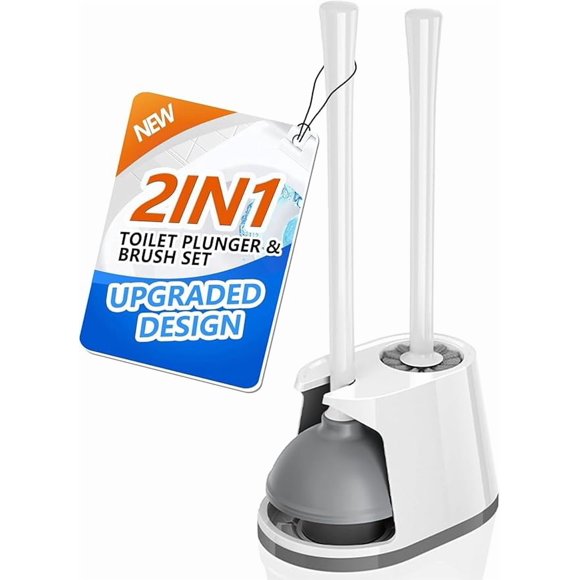 Toilet Plunger and Brush Set, Bowl Brush and Heavy Duty Toilet Brush with Ventilated Holder, 2-in-1 Toilet Brush and Plunger Combo for Bathroom Deeply Cleaning(White & Grey)