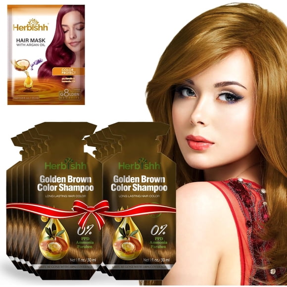 Herbishh Shampoing Colorant Brun Doré Sans PPD en Pochette de Voyage pour Cheveux Gris, Shampoing Teinture 3 en 1, Couverture des Cheveux Gris à 100 %, Coloration Permanente pour Hommes et Femmes, Sans Ammoniaque, (30ml*10)