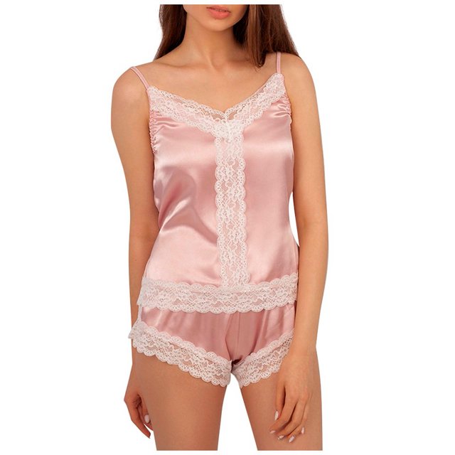 EQWLJWE Ensemble de Pyjama Court pour Femme, Haut Camisole en Satin à Col en V Profond en Dentelle Uni