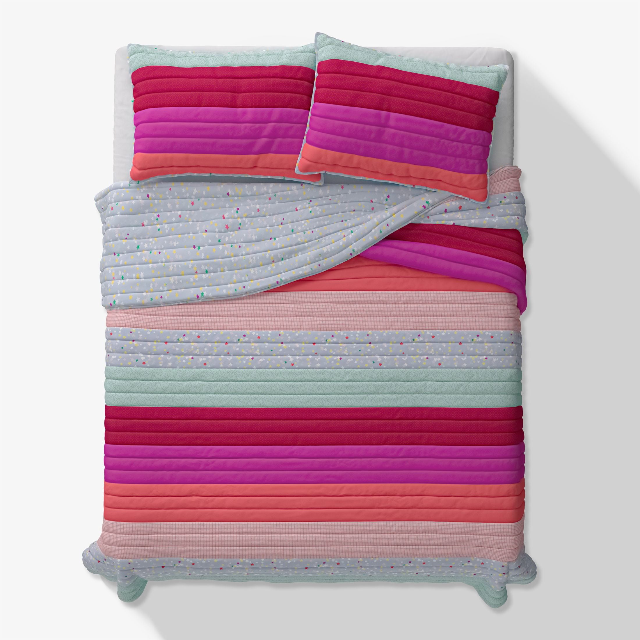 Mainstays Kids Reversible Pink Stripe Stitch Quilt Set, 3 Pieces, Full/Queen