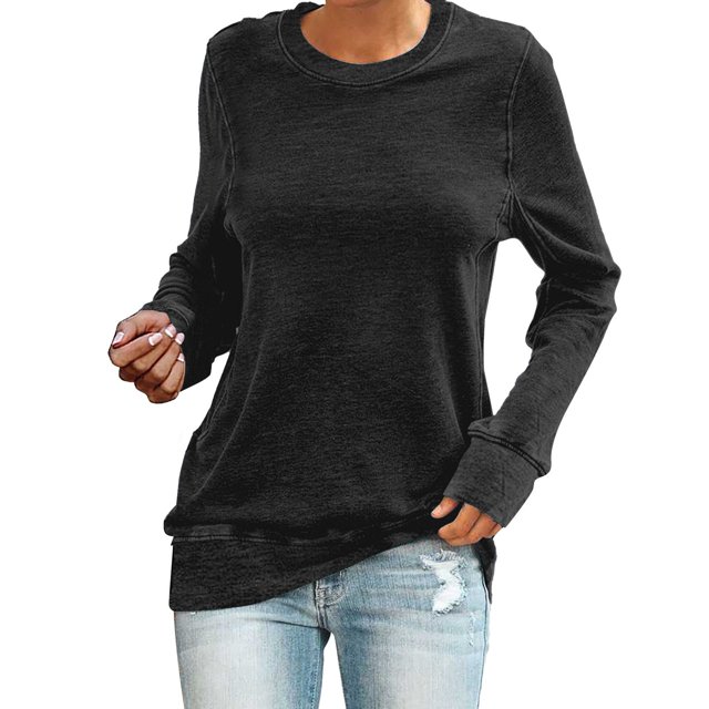 Pxiakgy T-Shirts pour Femmes T-Shirts Décontractés Col Rond Manches Courtes Longues Chemise Douce Ample Noir + 4TG