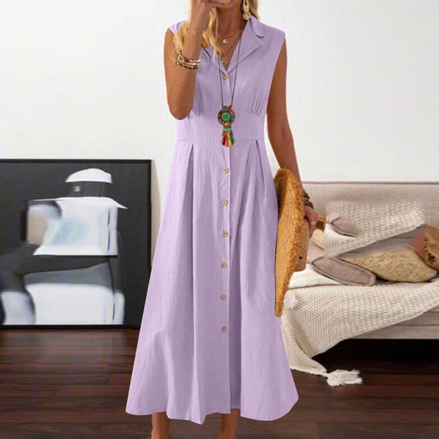 Xdegoge Robe Débardeur d'Été Ample pour Femme à Col en V, Unie, Sans Manches, en Coton et Lin, Couleur Unie, Décontractée, Col Rabattu, Sans Manches, à Boutons, Robes d'Été en Magasin, Liquidation de Vêtements pour Femmes, Violet, TG