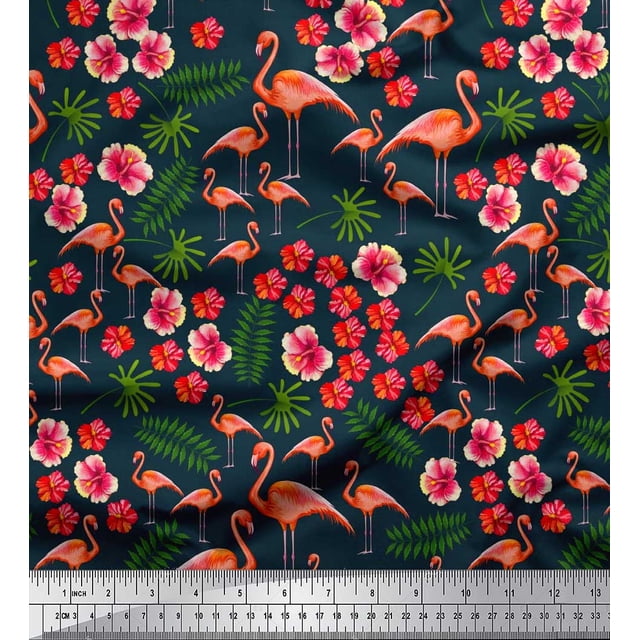 Soimoi Polyester Crepe Fabric Leaves,Floral & Flamingo Bird Fabric Prints by Yard 52 Inch Wide