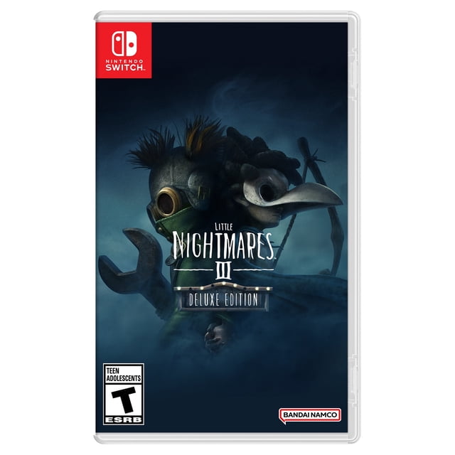 Little Nightmares III Deluxe Edition Nintendo Switch game cover showing two characters back-to-back in a dark, foggy setting; one wears a green outfit with a gas mask and holds a large wrench, the other wears a white plague doctor mask and carries a staff, representing this co-op adventure game by Bandai Namco with the Nintendo Switch logo in the top left.