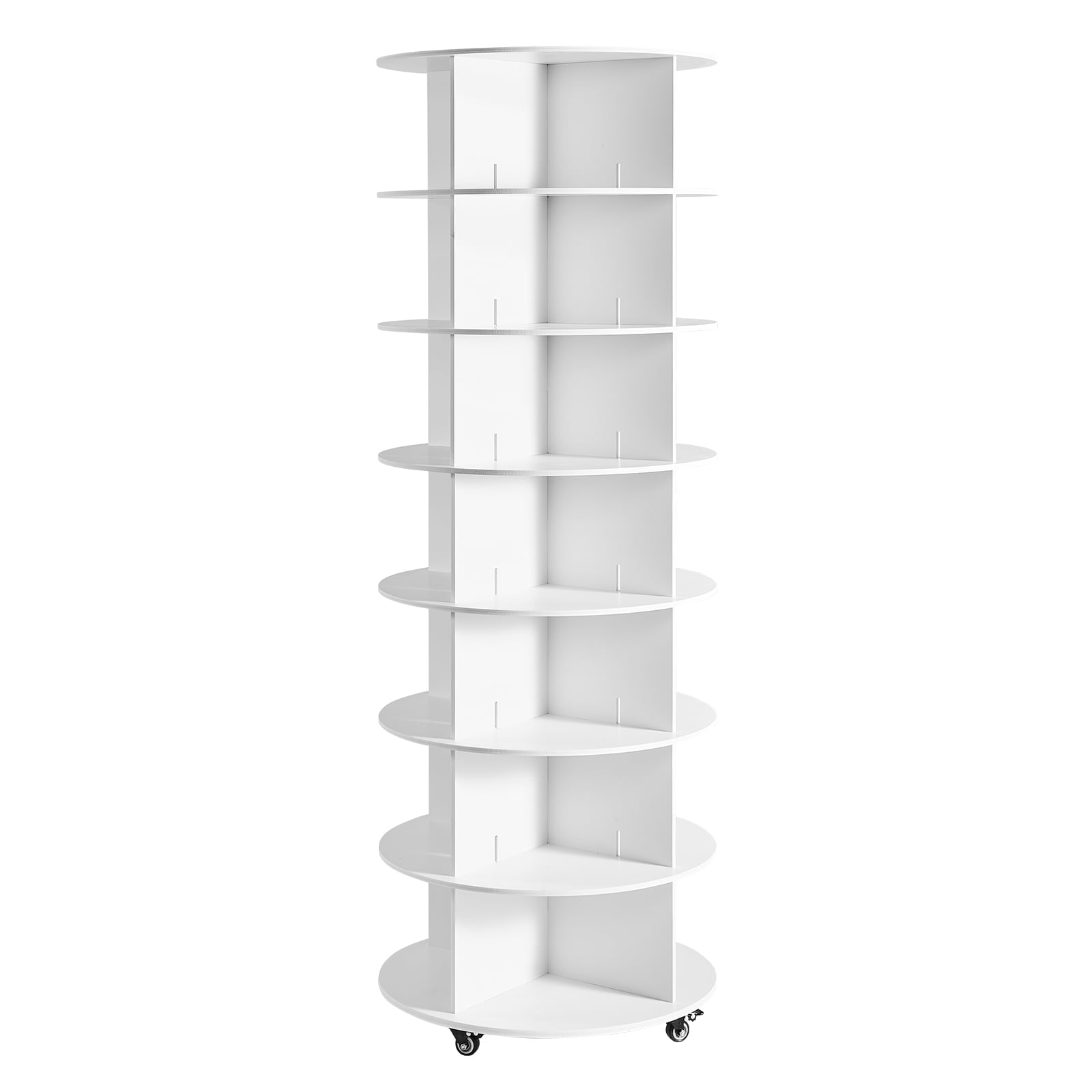 KFFKFF 7 Tiers Rotating Shoe Rack Tower with Wheels, Movable 360° Spinning Carousel Display, Lazy Susan Organizer Closet Shelf for Living Room, Entryway, White