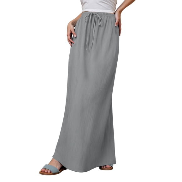 Linen Maxi Skirts For Women Trendy Summer Comfy Drawstring Waist A Line Skirts Cute Vacation Boho Long Flowy Skirts Split Skirts for Women Pleated Tennis Skirt Women Skirt Set Double Slit Skirt Skirt
