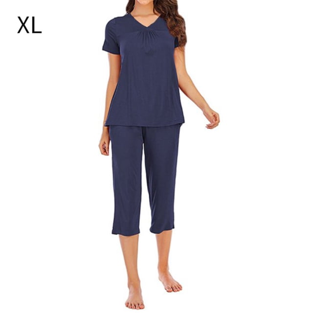 ziyahi Ensemble de Pyjama pour Femmes Sexy Col en V Haut Pantalon Modal, Bleu, TG