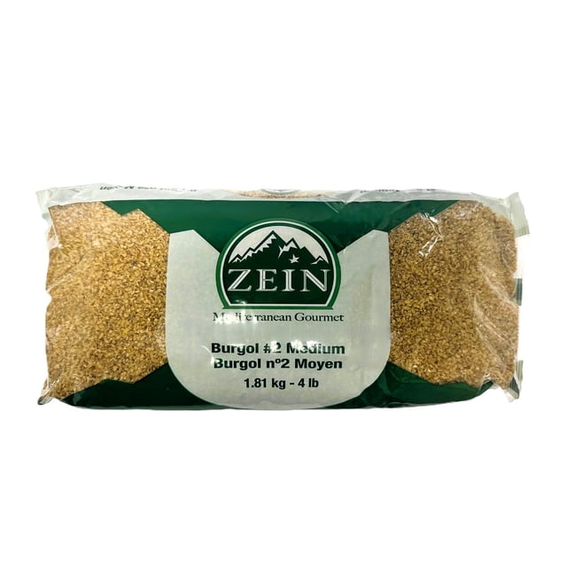 Zein Burgul Moyen 1,81 kg (4 lb) Emballage en Plastique Transparent de grains de Blé Concassés de Taille Moyenne avec Étiquette Verte et Blanche Présentant le logo Zein et la Marque Gastronomique Méditerranéenne, un grain Riche en Fibres Convenant aux Repas Nutritifs et Souvent Utilisé comme base Saine dans les Salades et les pilafs.
