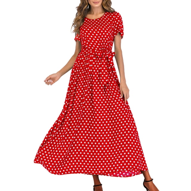 Robes d'Été pour Femmes 2023 Robes pour Femmes Liquidation Mode Femmes Manches Courtes Plage Pois Bandage Longue Robe Maxi