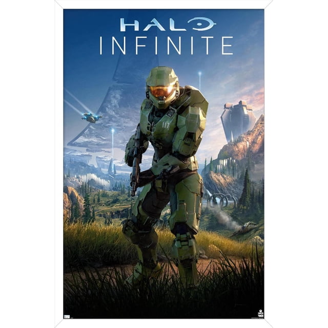 Halo Infinite - Primary Vertical Wall Poster, 22.375" x 34" depicting Master Chief in green armor holding a rifle, positioned in a grassy foreground with a detailed mountainous sci-fi landscape, flying vehicles, and futuristic structures in the background, suitable for gaming room or home wall décor.