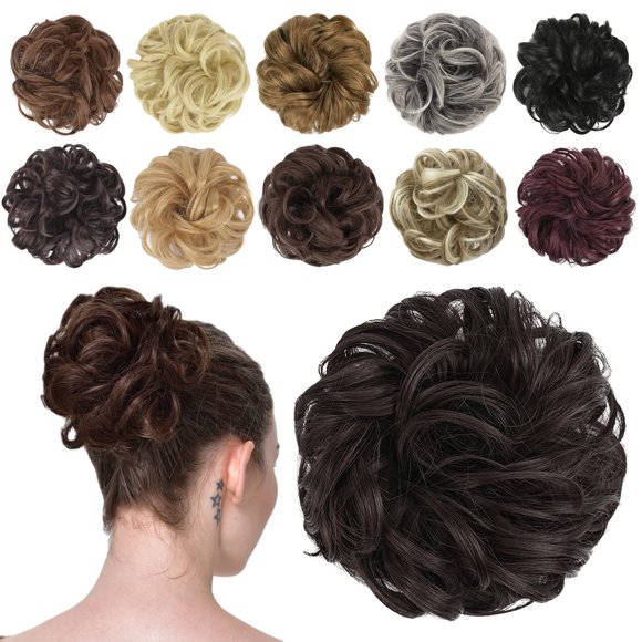 FESHFEN Chignon Désordonné Pièce de Cheveux Chignon Épais Chouchous Synthétiques Brun Moyen Ondulé Queue de Cheval Extensions de Cheveux pour Femmes Filles 1PCS