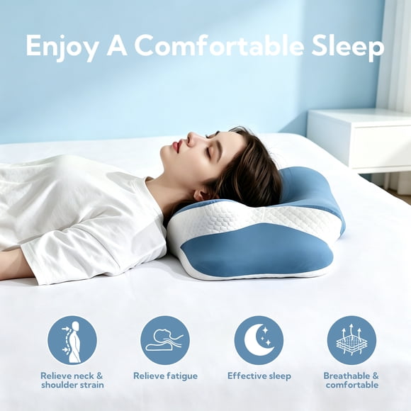 Cervical Pillow for Neck Pain Relief, Orthopedic Memory Foam, Ergonomic Support for All Sleepers, Cooling & Washable Cover, Blue White