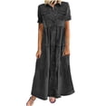 thumbnail image 2 of EGNMCR Robes de Fête pour Femmes Femmes Bouton Ample Imprimé Col en V Imitation Denim Manches Courtes Longue Robe, 2 of 5