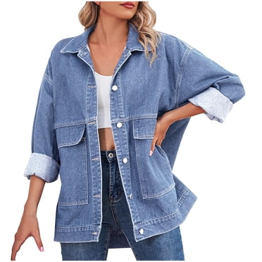 Veste en Denim pour Femmes Vestes en Jean pour Femmes Coupe Ample Style Boyfriend Manches Longues Boutonnée Vestes en Denim, Manteaux Mode Urbaine d'Automne avec Poches Bleu Pâle TG