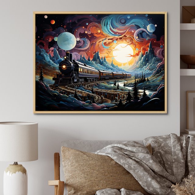 Designart Train framed wall Art, Cosmic Rails An modern Train I , train Large framed wall art decor, Multi-Color Modern Natural framed wall art, 44x34 inches Natural brown color Frame