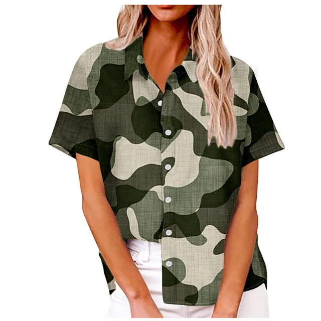Womens Work Tops Short Sleeve Round Neck Blouse Printed Casual Fashion Tee Shirt