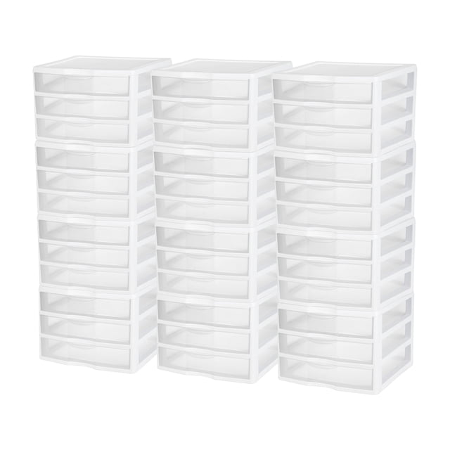 Sterilite Système de Rangement Empilable en Plastique Transparent, Petit, à 3 Tiroirs, (Lot de 12)